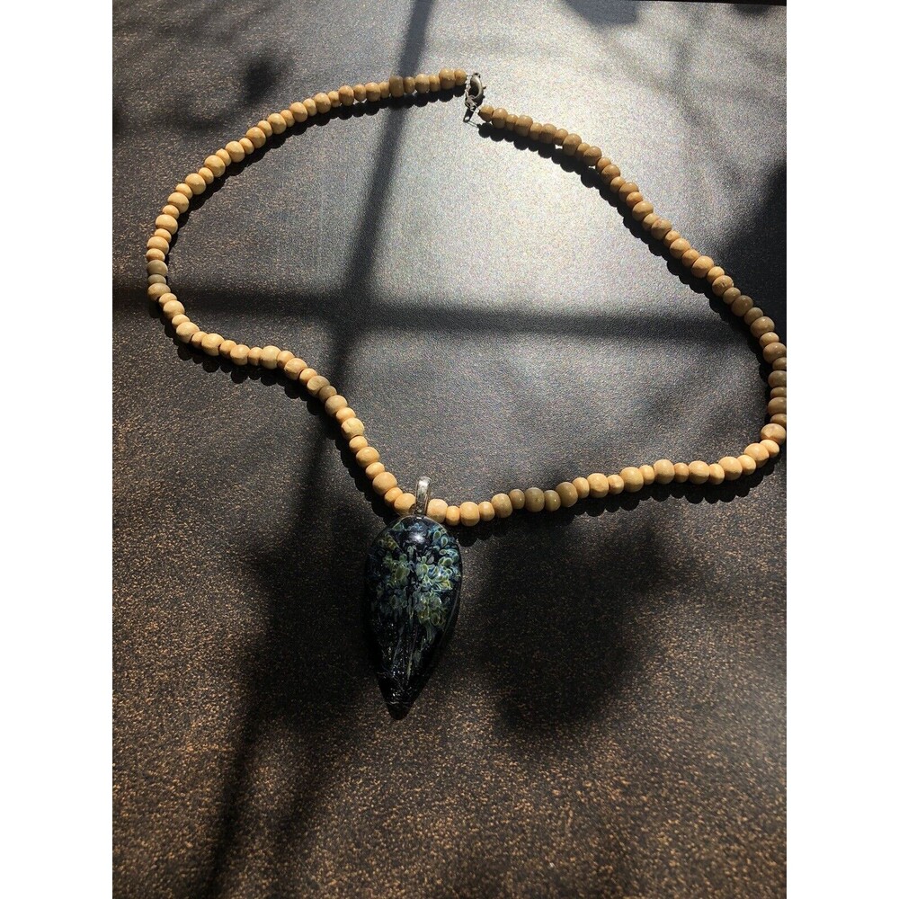 Boro Art Glass Pendant On 19" Wooden Bead Necklace Boho Style Artisan Made 2008 - Picture 5 of 14